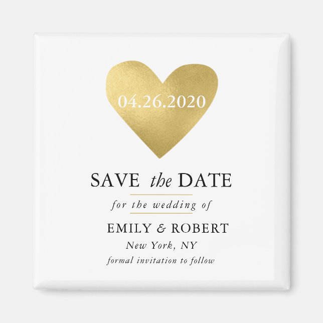 Imán Gold Heart Save the Date Boda Magnet (Frente)