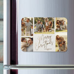 Imán Gold Merry Christmas Five Photo<br><div class="desc">Las tarjetas de vacaciones de varios Navidades de fotos incluyen sus nombres y las palabras Feliz Navidad con letras de oro de moda en un fondo blanco roto. Simplemente suba tus fotos familiares favoritas y añade tu personalización familiar en la parte trasera. Seleccione Matte para el papel más pesado y...</div>