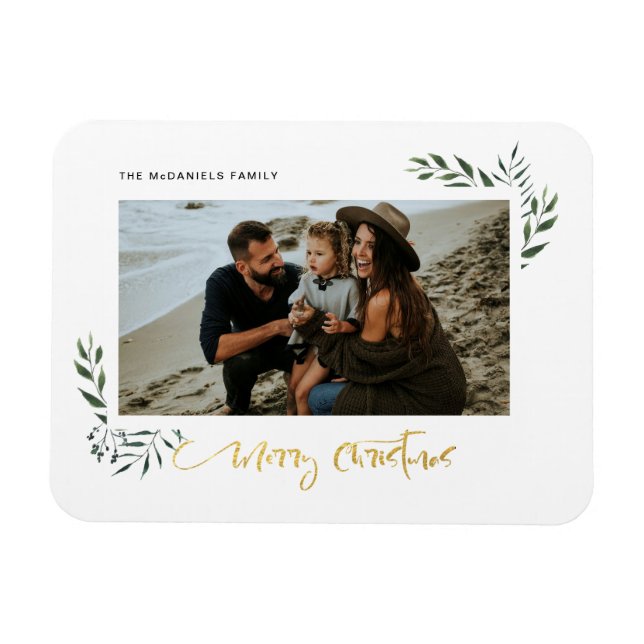 Imán Gold Merry Christmas Three Photo Holiday Magnet (Horizontal)