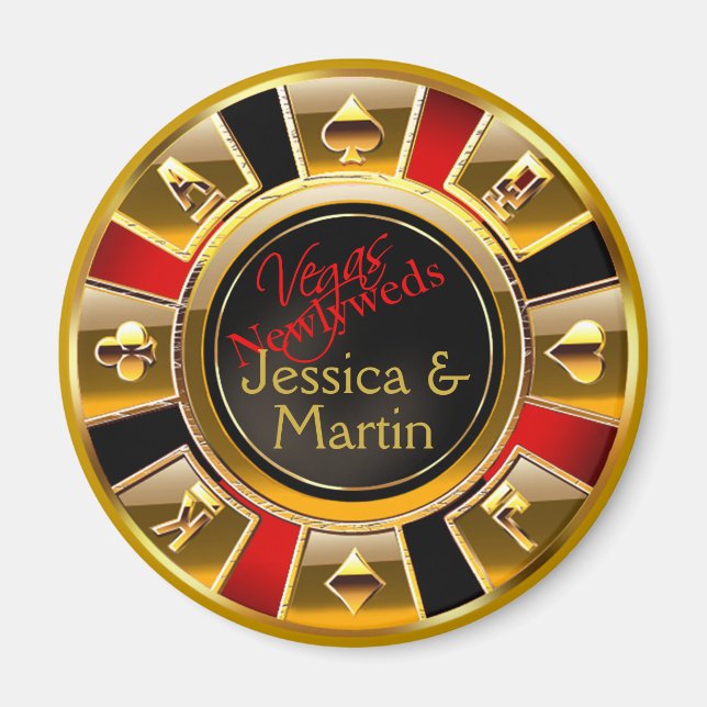 Imán Gold, Red y Black Vegas Casino Chip Favor (Frente)