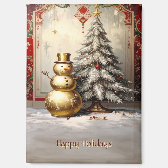 Imán Gold Snowman Christmas Tree Holiday Magnet (Anverso)