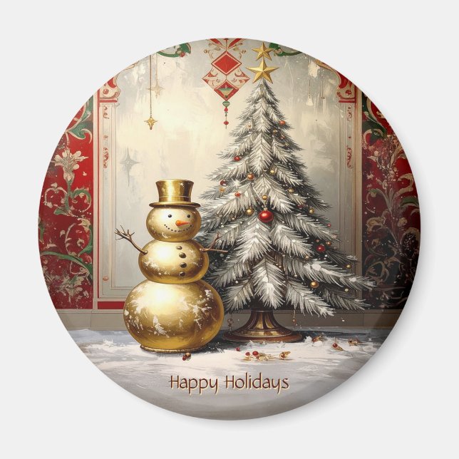 Imán Gold Snowman Christmas Tree Holiday Magnet (Frente)