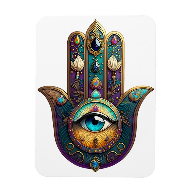 Imán Gold Violet Teal Hamsa w/ Turquoise Third Eye (Vertical)