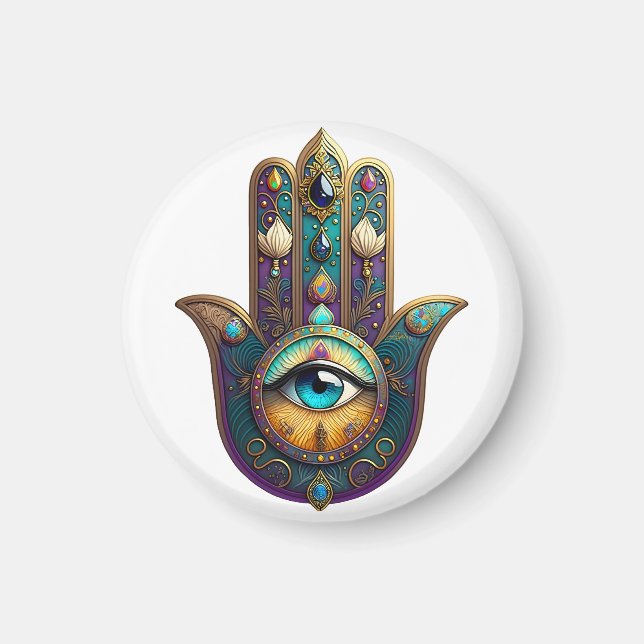 Imán Gold Violet Teal Hamsa w/ Turquoise Third Eye (Frente)