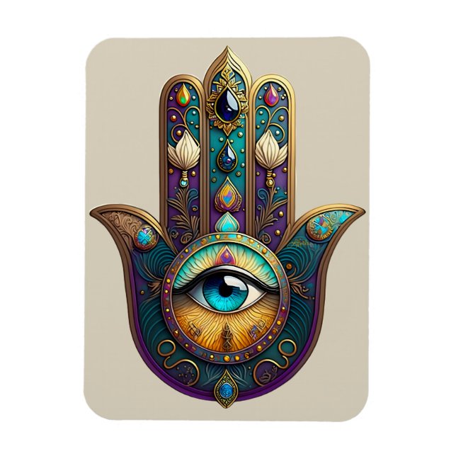 Imán Gold Violet Teal Hamsa w/ Turquoise Third Eye (Vertical)