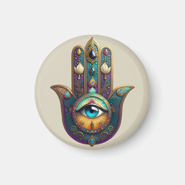 Imán Gold Violet Teal Hamsa w/ Turquoise Third Eye (Frente)