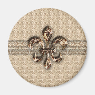 Imán Golden Fleur De Lis con el patrón de damasco crema