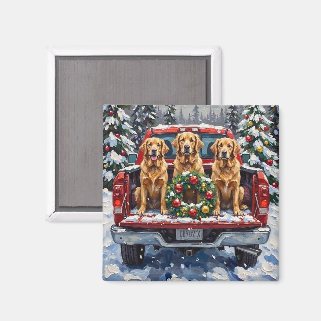 Imán Golden Retriever Christmas Red Truck Holiday (Anverso/Reverso)