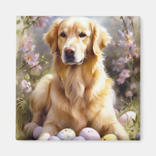 Imán Golden Retriever con huevos de Pascua