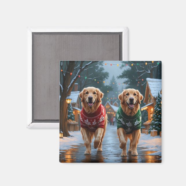 Imán Golden Retriever Dogs Christmas Snow Holiday (Anverso/Reverso)