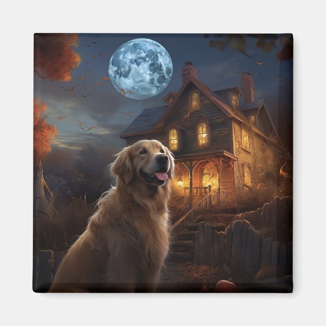 Imán Golden Retriever Halloween Aterrador (Frente)