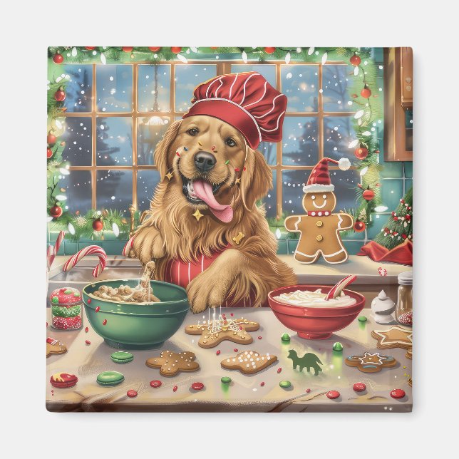 Imán Golden Retriever Holiday Baking: Navidades festivo (Frente)