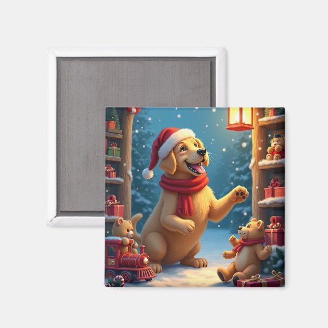 Imán Golden Retriever in Santa’s Workshop Christmas (Anverso/Reverso)