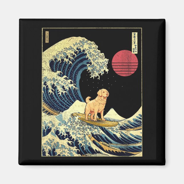 Imán Golden Retriever Japanese Kanagawa Wave Funny Surf (Frente)