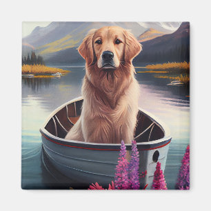 Imán Golden Retriever on a Paddle: Una aventura panorám