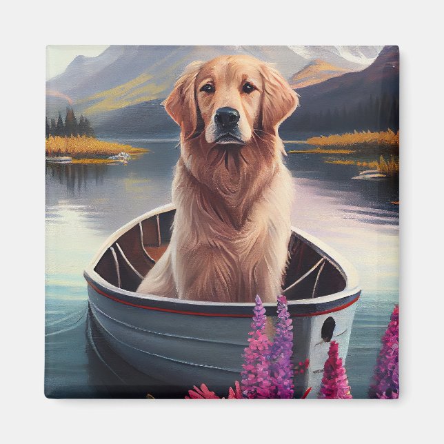 Imán Golden Retriever on a Paddle: Una aventura panorám (Frente)
