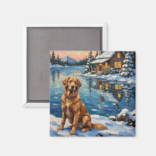 Imán Golden Retriever Vintage junto al lago en Navidad