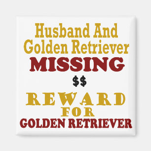 Imán Golden retriever y recompensa que falta del marido