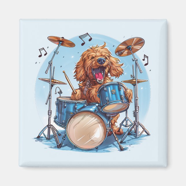 Imán Goldendoodle Dog Playing Drums (Frente)