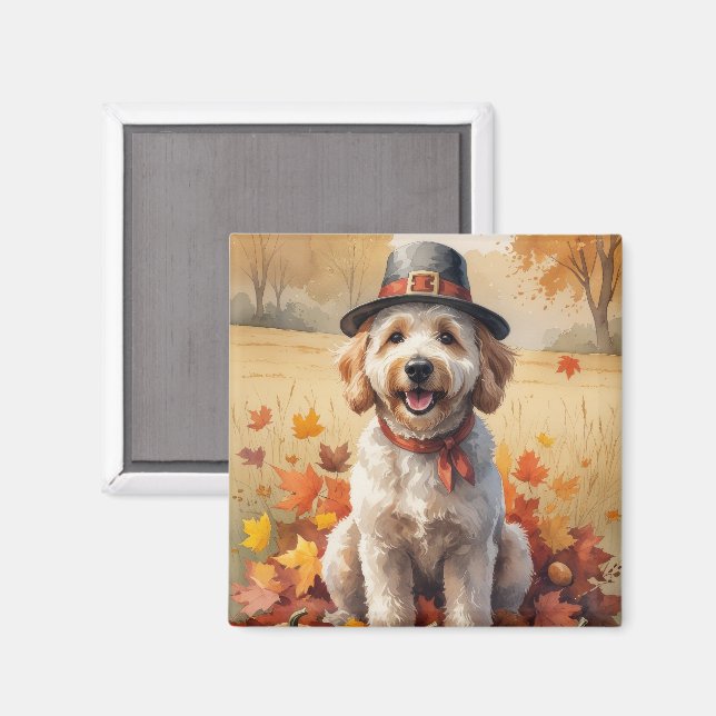 Imán Goldendoodle en otoño deja arte de Acción de Graci (Anverso/Reverso)