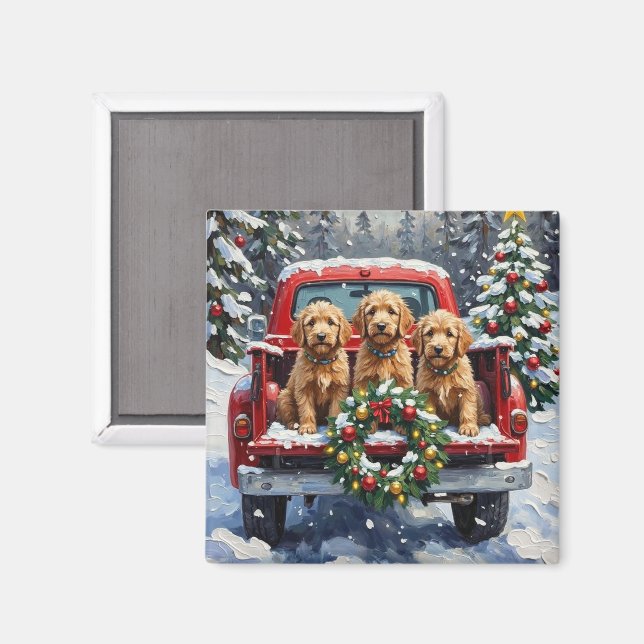 Imán Goldendoodle Navidad Camión Rojo Fiesta (Anverso/Reverso)