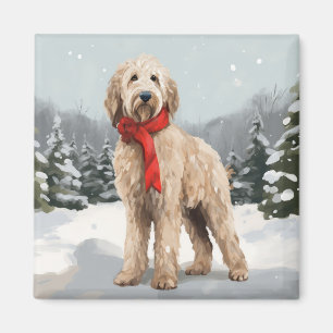 Imán Goldendoodle perro en Navidad de nieve