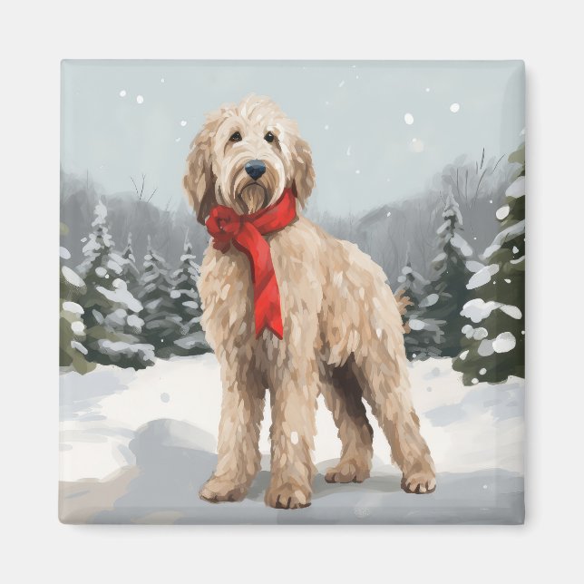 Imán Goldendoodle perro en Navidad de nieve  (Frente)