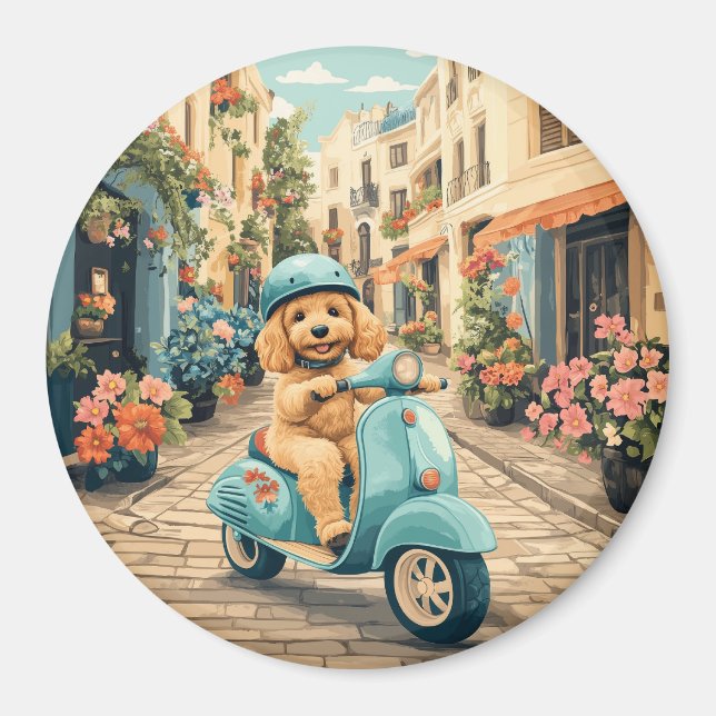 Imán Goldendoodle Perro Montando Scooter Calles Europea (Frente)