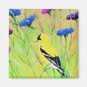 Imán Goldfinch en pintura de flores silvestres