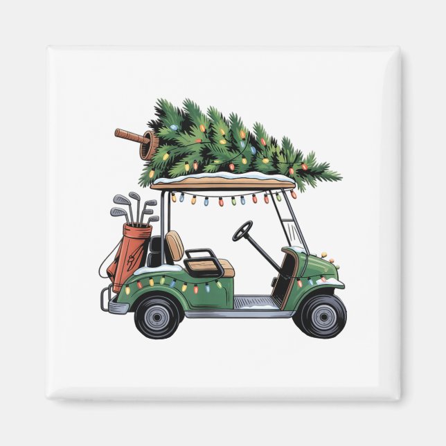Imán Golf Cart Christmas Tree Lights Golfing Golfer Fun (Frente)