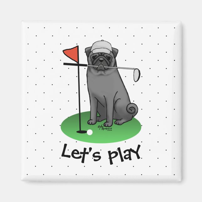 Imán Golf Pug Jugando Golf (negro) Cute Dog Funny (Frente)
