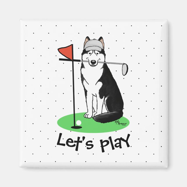 Imán Golf Siberian Husky (negro) Perro jugando Cute Gra (Frente)