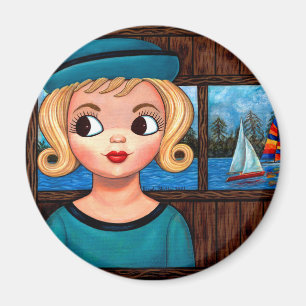 Imán Googly Chica Sailor Head Vase Sailboat Magnet