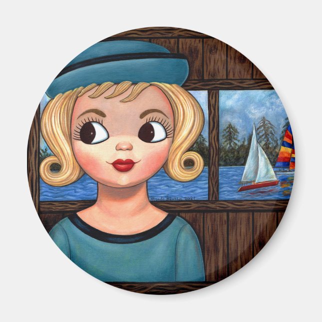 Imán Googly Chica Sailor Head Vase Sailboat Magnet (Frente)