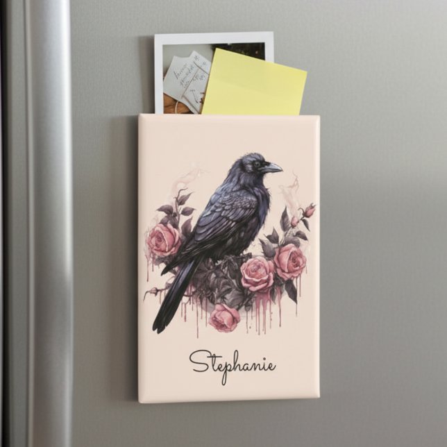 Imán Gothic Crow Floral Dark Academia (Personalized black raven with roses magnet)