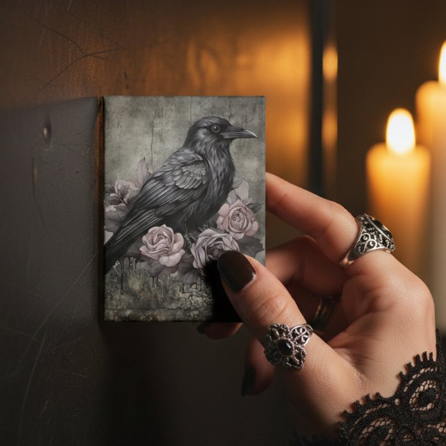 Imán Gothic Raven with Roses Dark (Dark black raven with roses refrigerator magnet)