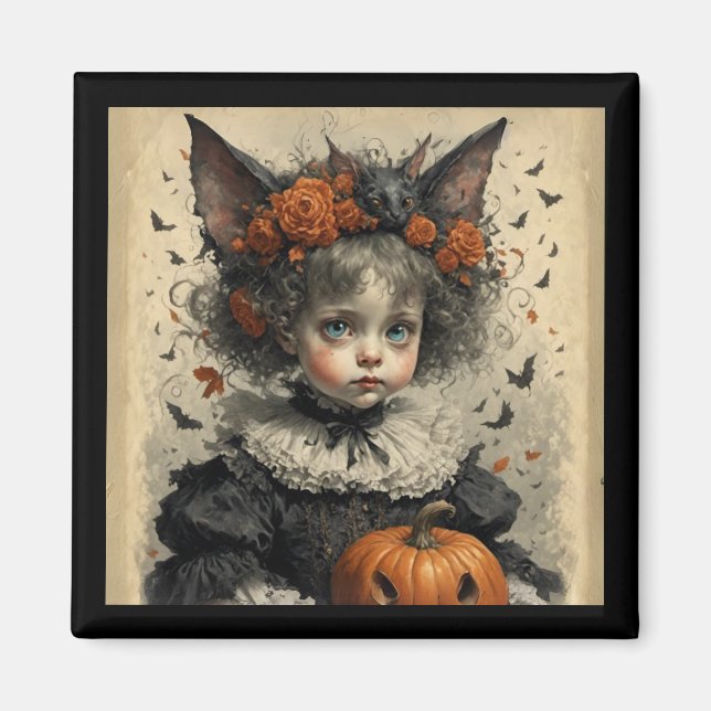 Imán Gothic Victorian Girl Bat Ears & Pumpkin Halloween (Frente)