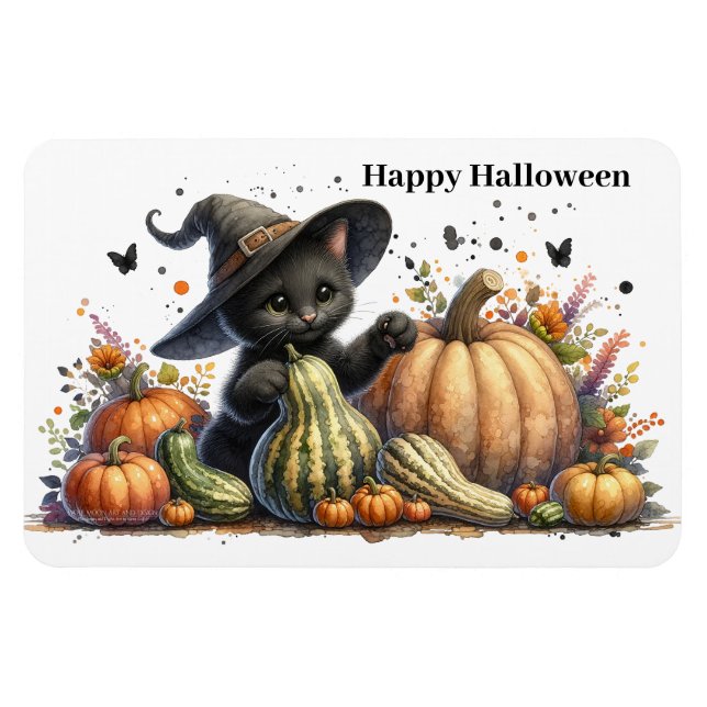 Imán Gourds de Halloween Black Witch's Kitten W/ Pumpki (Horizontal)