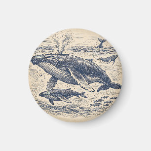 Imán Grabado vintage de manada de ballenas jorobadas