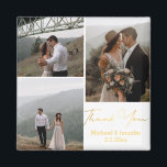 Imán gracias, boda de escritura a mano dorada 3 fotos<br><div class="desc">elegante boda de caligrafía dorada tres collage de fotos Gracias imán.</div>
