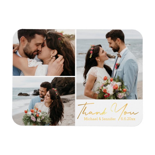 Imán gracias, boda de fotografía de caligrafía dorada (Horizontal)