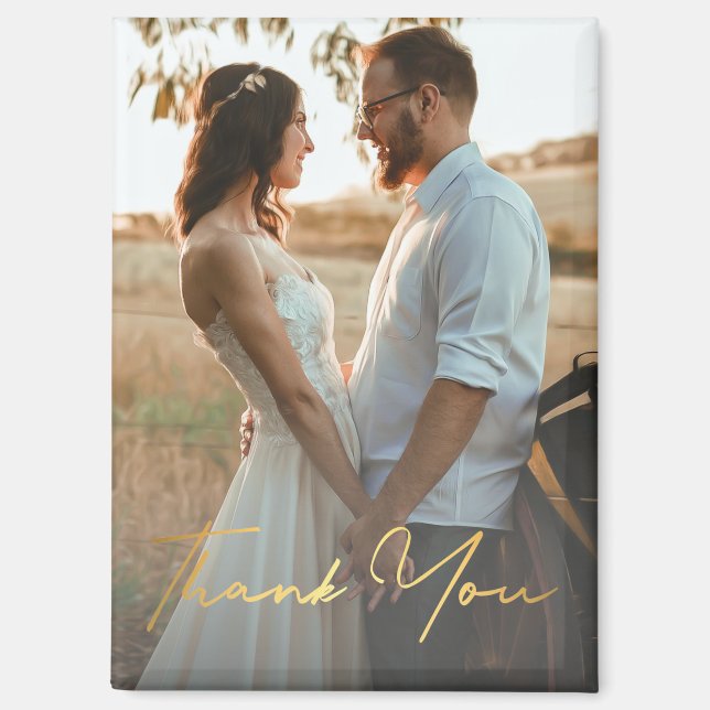 Imán gracias, foto de boda con letra dorada a mano (Anverso)