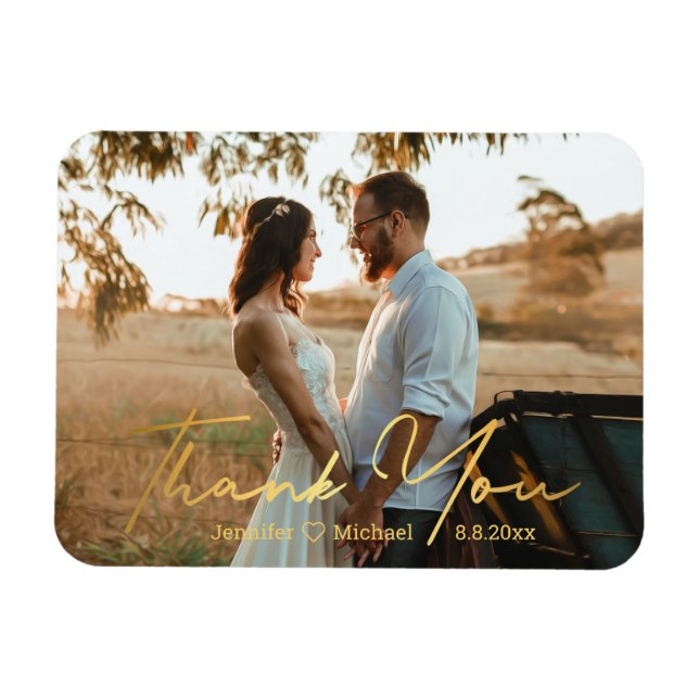 Imán gracias, foto de boda con letra dorada chic (Horizontal)