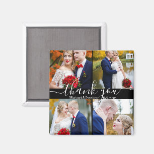 Imán gracias, letra blanca a mano 4 fotos boda negro