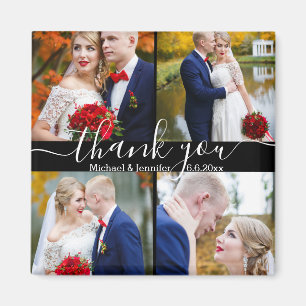 Imán gracias, letra blanca a mano 4 fotos boda negro