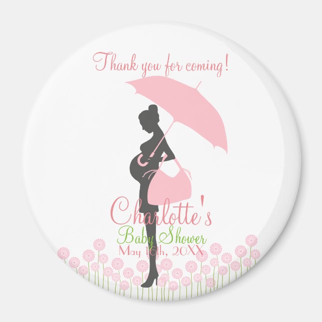 Imán ¡Gracias Por Venir! Baby Shower de silueta rosa (Frente)