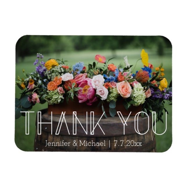 Imán gracias tipografía blanca moderna foto boda (Horizontal)