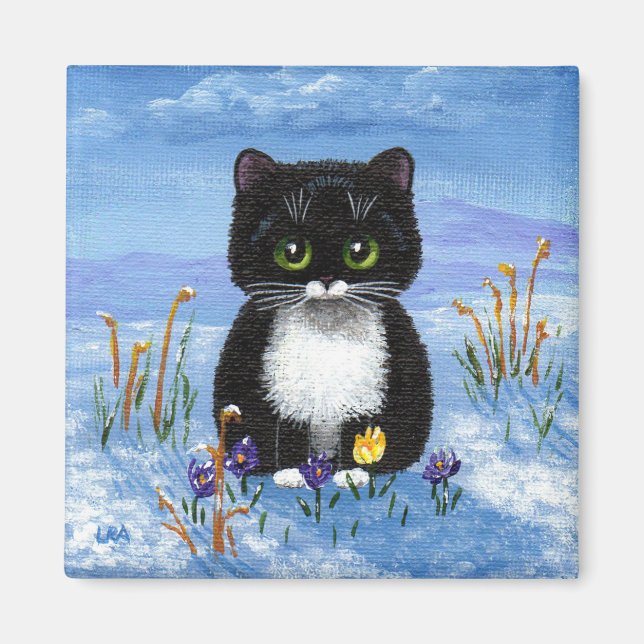 Imán Gracioso gato de Tuxedo Invierno Nieve Creacionart (Frente)