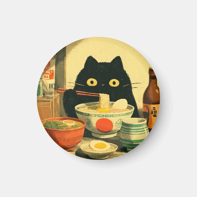 Imán Gracioso gato negro comiendo Ramen (Frente)