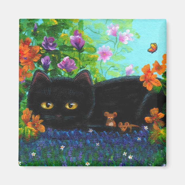 Imán Gracioso gato negro de ratón Flores Creationarts (Frente)
